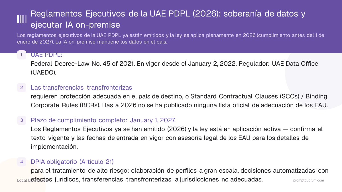 Reglamentos Ejecutivos de la UAE PDPL (2026): soberanía de datos y ejecutar IA on-premise