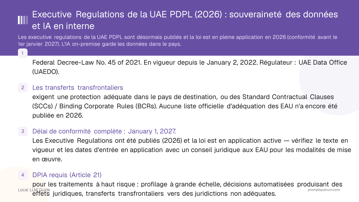 Executive Regulations de la UAE PDPL (2026) : souveraineté des données et IA en interne