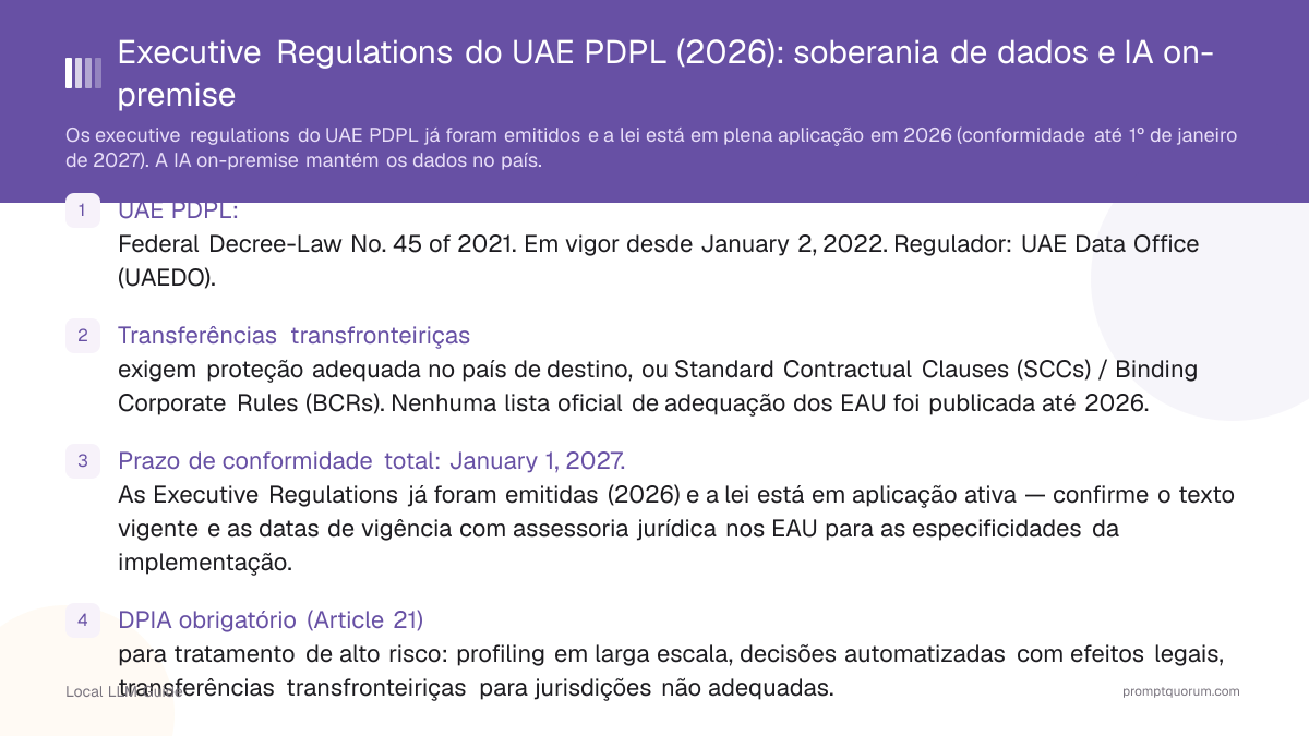 Executive Regulations do UAE PDPL (2026): soberania de dados e IA on-premise