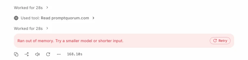 Unsloth chat after 'Used tool: Read promptquorum.com' and the red message 'Ran out of memory. Try a smaller model or shorter input.' with a Retry button.