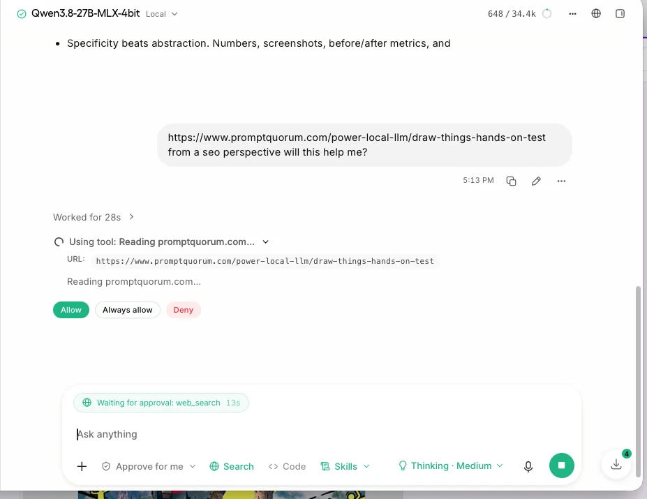 Unsloth chat asking to review a promptquorum.com URL for SEO, with 'Using tool: Reading promptquorum.com', Allow, Always allow and Deny buttons.