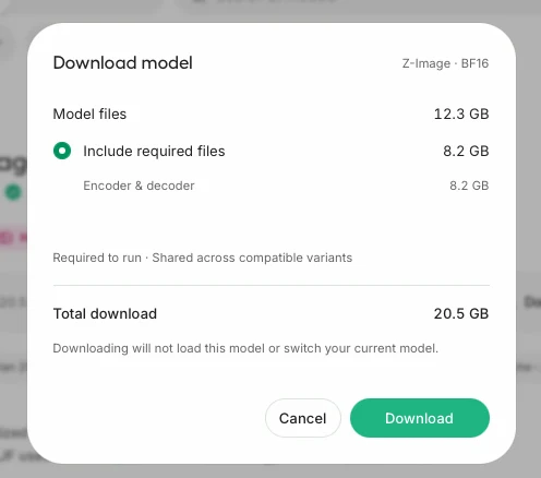 Unsloth dialog 'Download model' for Z-Image BF16: model files 12.3 GB, required encoder and decoder 8.2 GB, total download 20.5 GB.