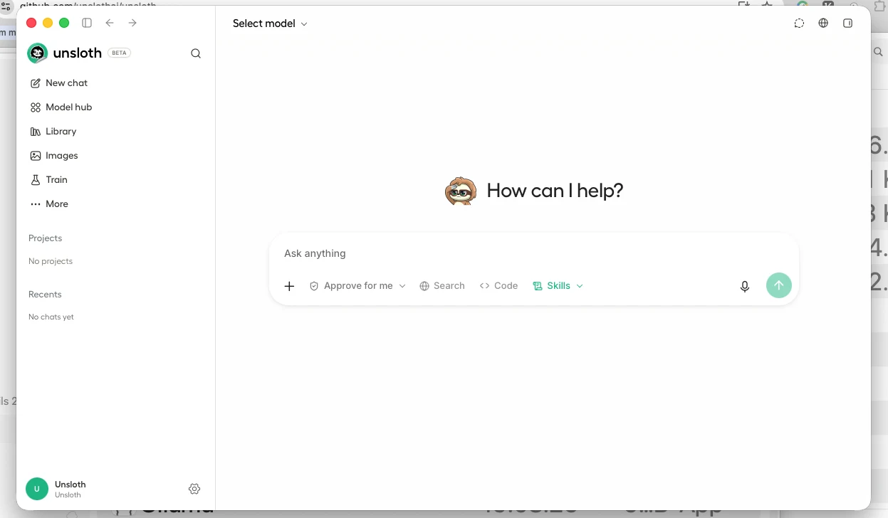 Unsloth main window labelled BETA with a sidebar (New chat, Model hub, Library, Images, Train, More) and the prompt 'How can I help?'.