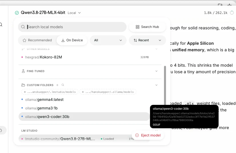 Unsloth On Device model list with Custom Folders for .lmstudio/models and .ollama/models, listing ollama/gemma4:latest, gemma3:1b and qwen3-coder:30b.