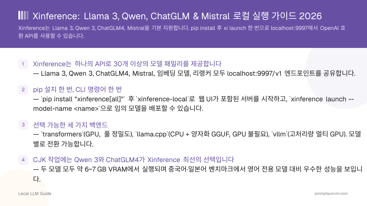 Xinference: Llama 3, Qwen, ChatGLM & Mistral 로컬 실행 가이드 2026