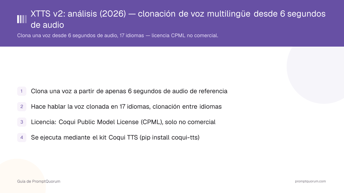 XTTS v2: análisis (2026) — clonación de voz multilingüe desde 6 segundos de audio