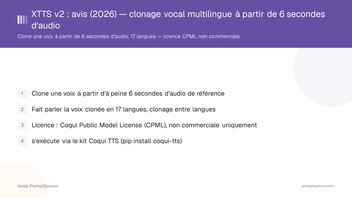XTTS v2 : avis (2026) — clonage vocal multilingue à partir de 6 secondes d'audio